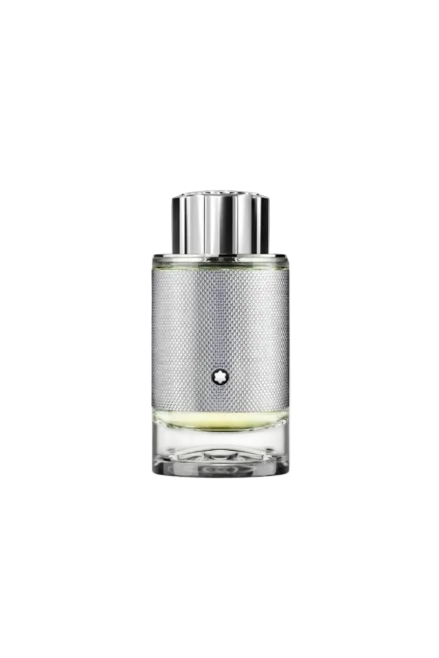 Perfume bottle with silver cap and textured glass body on a white background