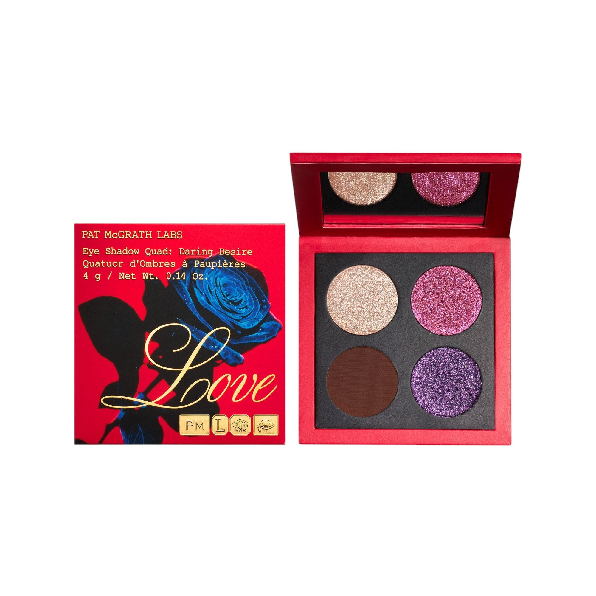 Pat McGrath Labs Eye Shadow Quad: Daring Desire packaging and product display showing four different shadow colors. Monza Outlet