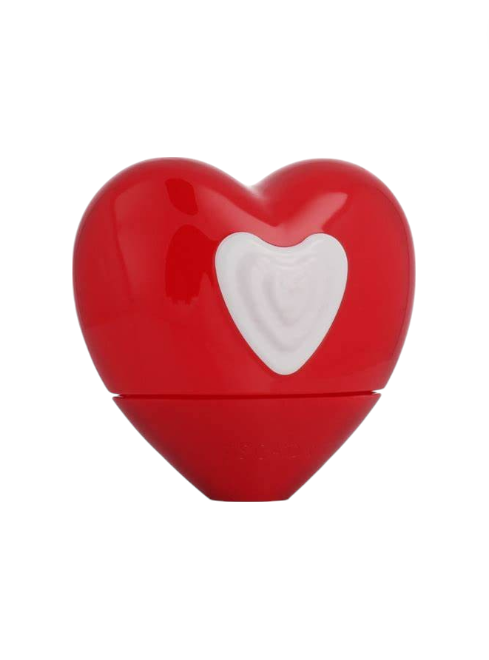 Red heart-shaped container with a white heart design on a white background