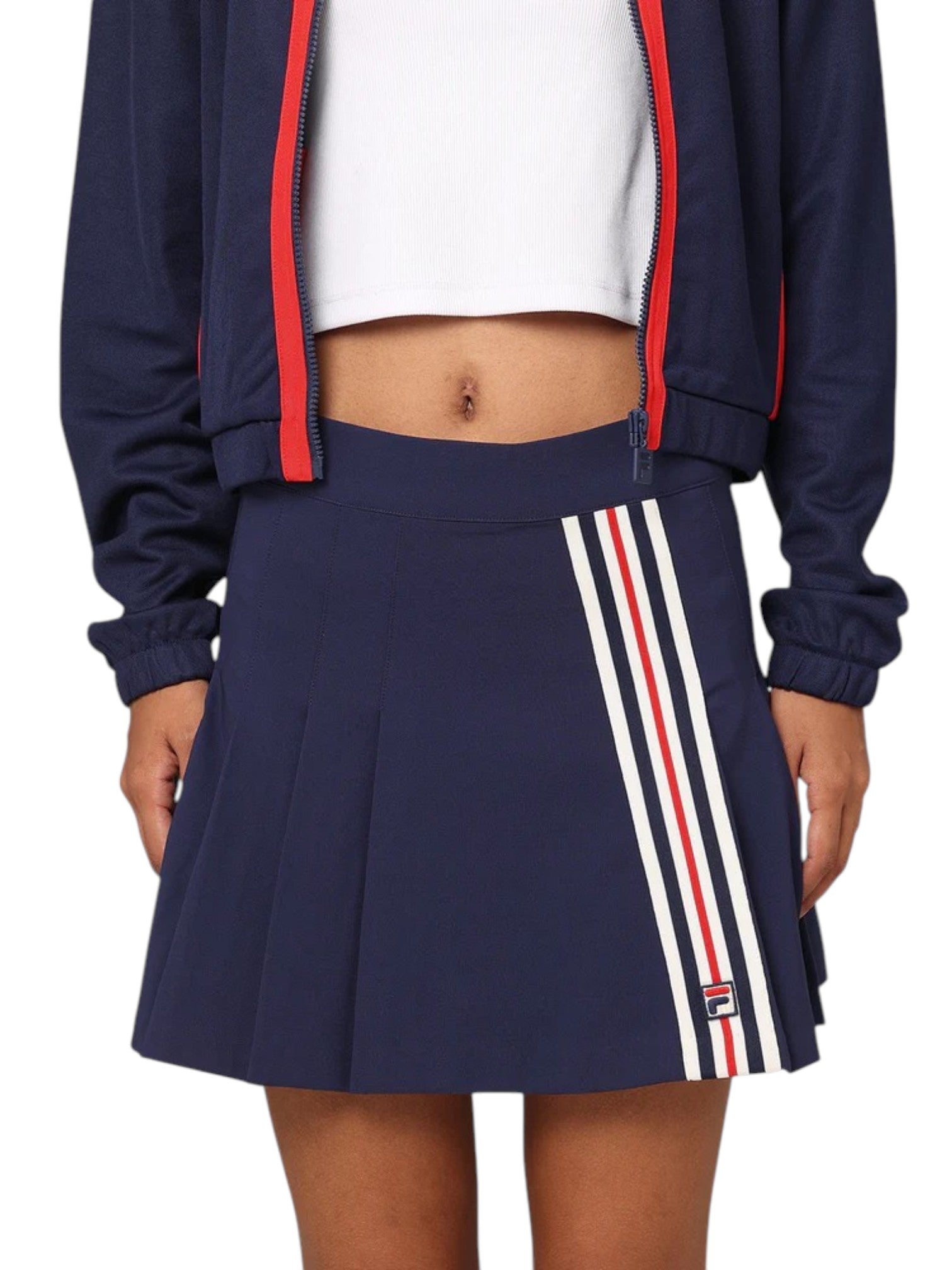 Navy blue skirt with red, white, and blue stripes worn by a person on a white background. Fila, Monza Outlet, Monza Fashion, Shein Outlet