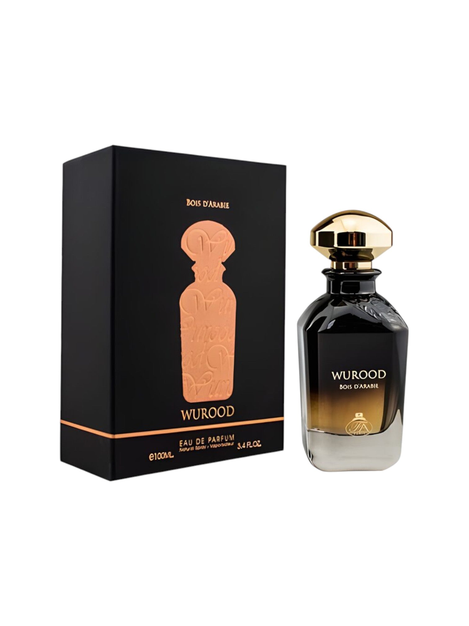 Wuood perfume bottle and packaging on a white background. Wurood, Monza Outlet, Monza Fashi