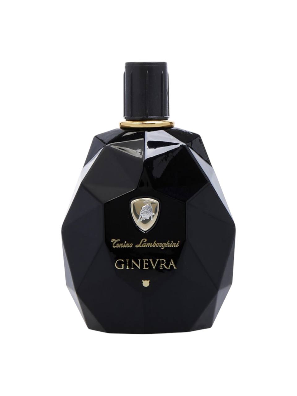 Black perfume bottle with Lamborghini logo on a white background Ginevra Monza Outlet