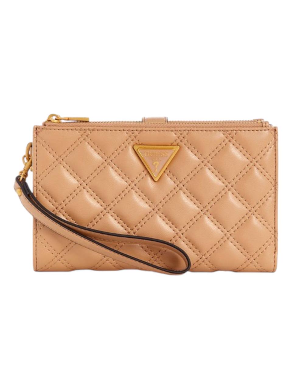 Quilted beige wallet with a gold triangle logo on a white background, Guess, Monza Outlet, Monza Fashion, Shein Outlet