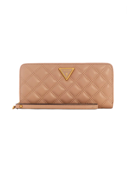 Quilted beige wallet with gold zipper and logo on a white background, Guess, Monza Outlet, Monza Fashion, Shein Outlet