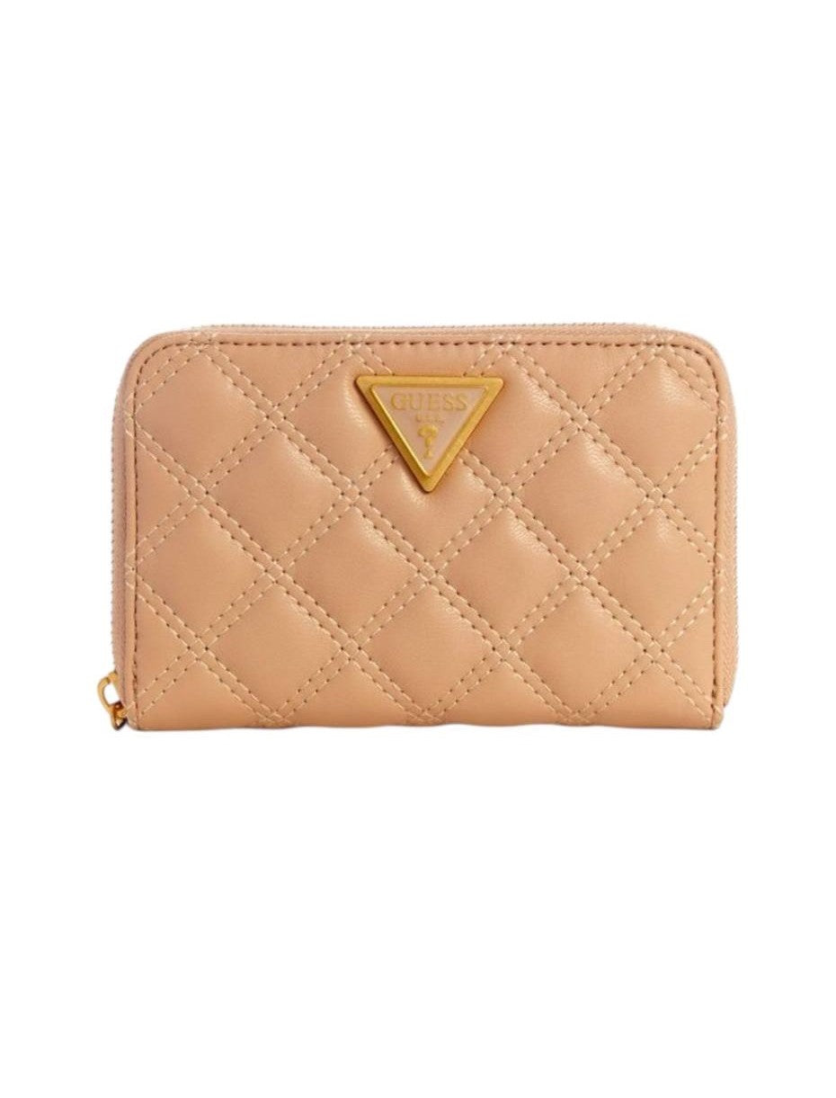 Beige quilted wallet with a gold triangle logo on a white background, Guess, Monza Outlet, Monza Fashion, Shein Outlet