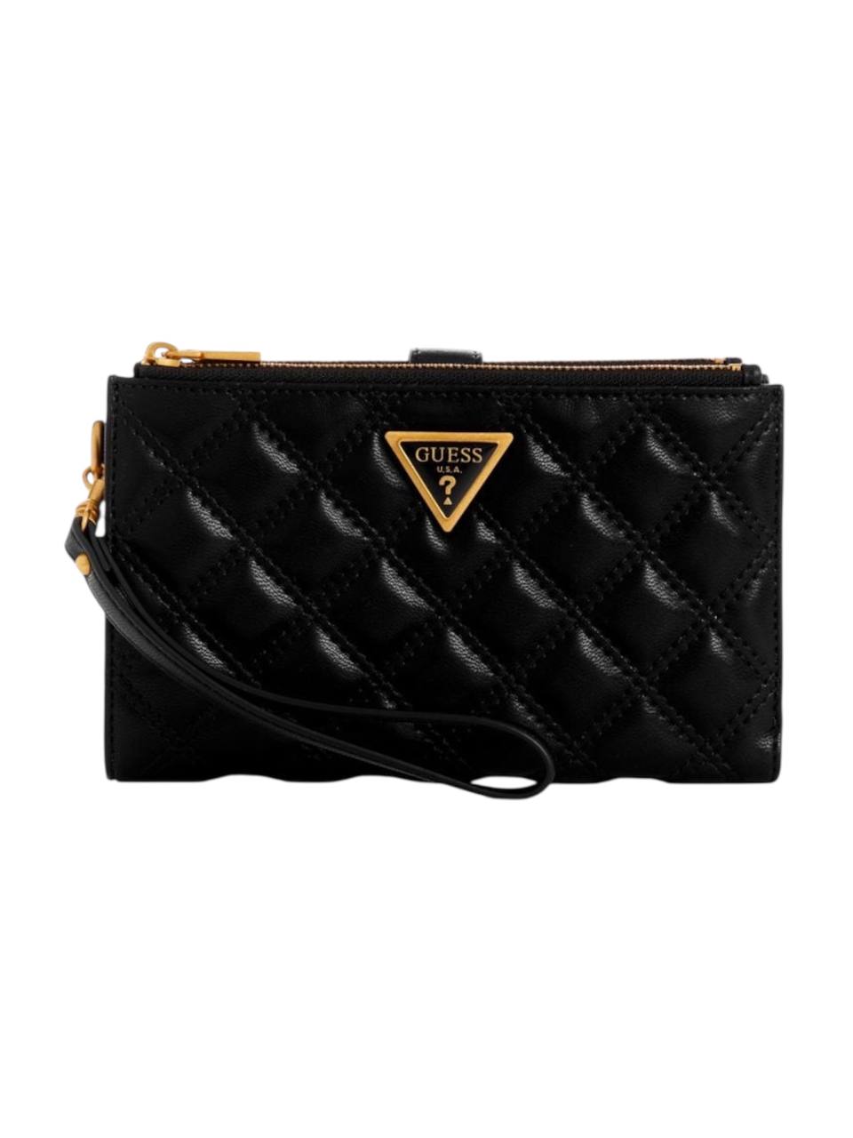 Black quilted clutch with gold zipper and Guess logo on a white background Guess Monza Outlet