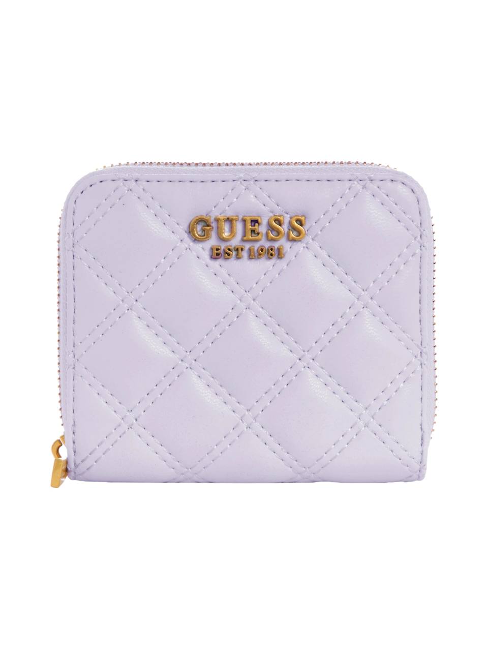 Quilted purple wallet with gold Guess logo on a white background Guess Monza Outlet