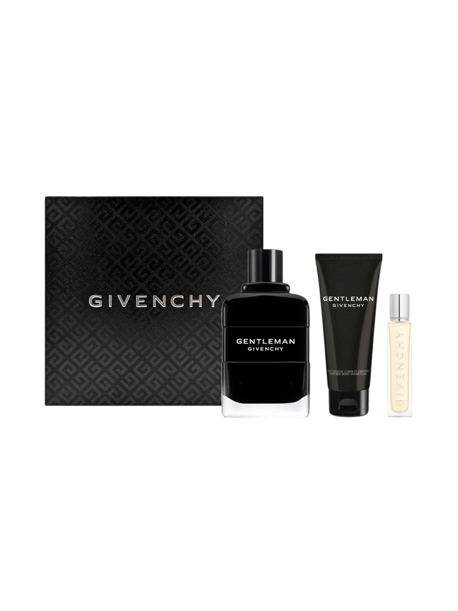 Givenchy Gentleman perfume set with black box, bottle, and tube on a white background. Givenchy, Monza Outlet, Monza Fashion, Shein Outlet