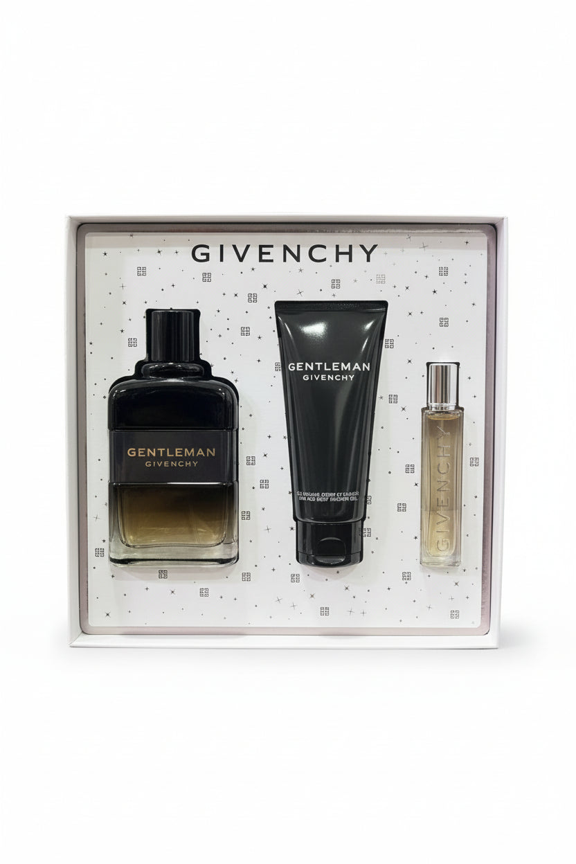 Givenchy Gentleman perfume set with bottle, tube, and small bottle in a box on a white background. Givenchy, Monza Outlet, Monza Fashion, Shein Outlet