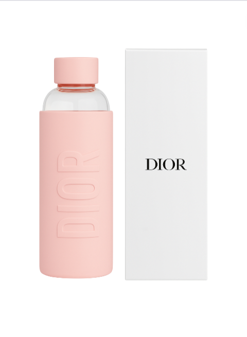 Pink water bottle with clear cap and white box featuring Dior logo on a white background. Dior Monza Outlet