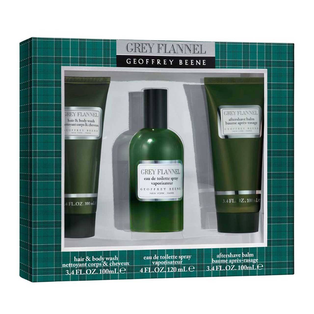 Geoffrey Beene Grey Flannel perfume set in packaging. Monza Outlet