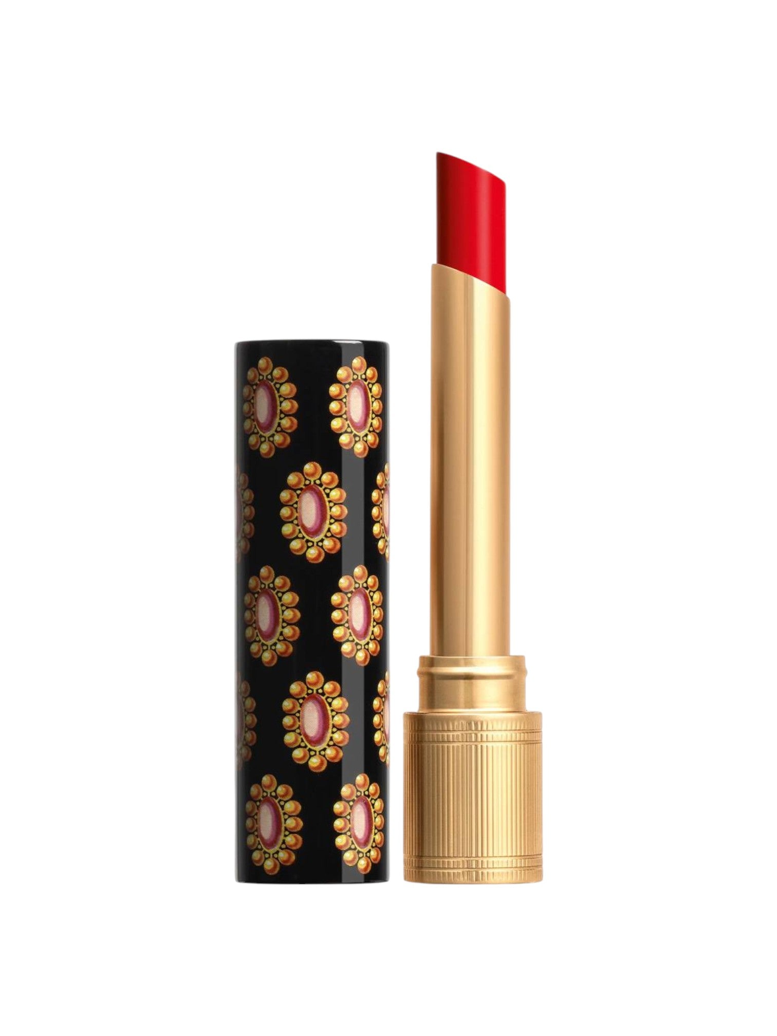 Red lipstick with gold accents and decorative black case on a white background Gucci Monza Outlet