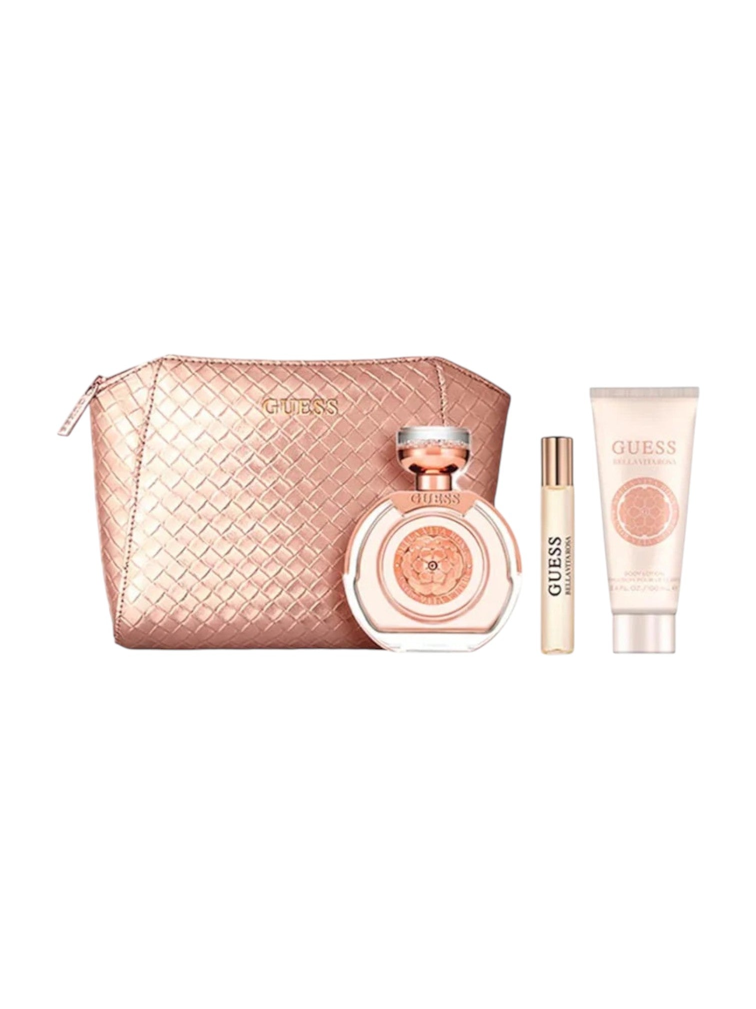 Guess perfume set with a rose gold pouch, bottle, and cream on a white background monza outlet, Shein outlet, monza fashion
