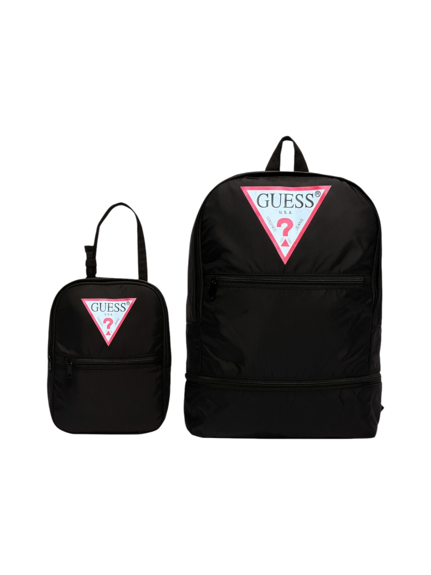 Two black backpacks with Guess logo on a white background Monza Italy