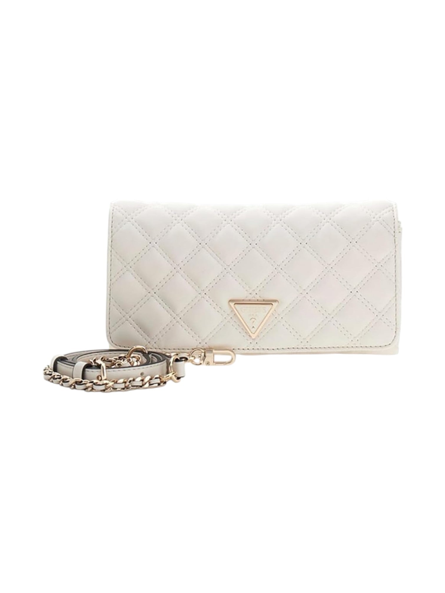 White quilted wallet with gold chain on a white background. Guess, Monza Outlet, Monza Fashion, Shein Outlet