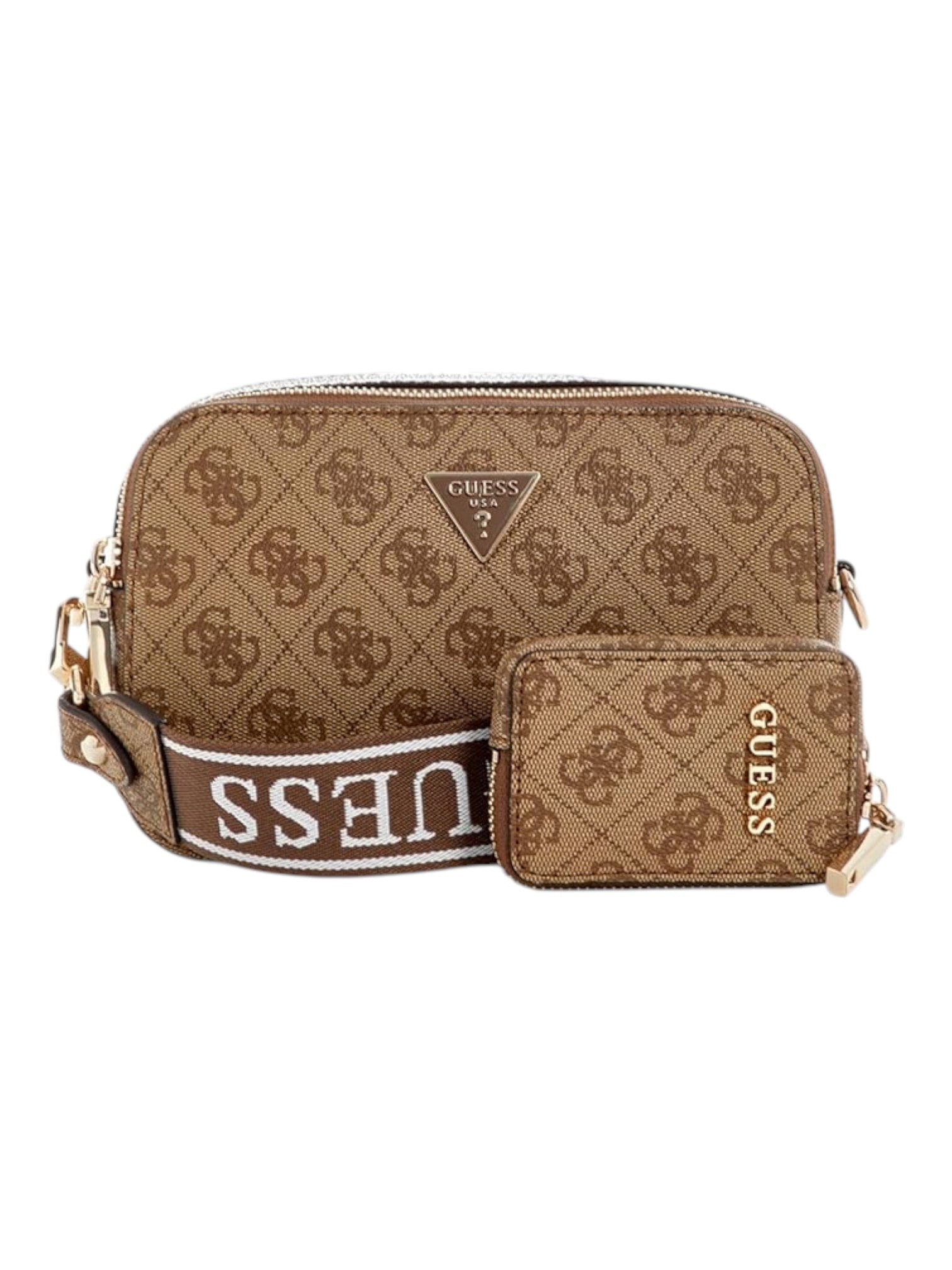 Brown Guess handbag with matching pouch on a white background. Guess, Monza Outlet, Monza Fashion, Shein Outlet