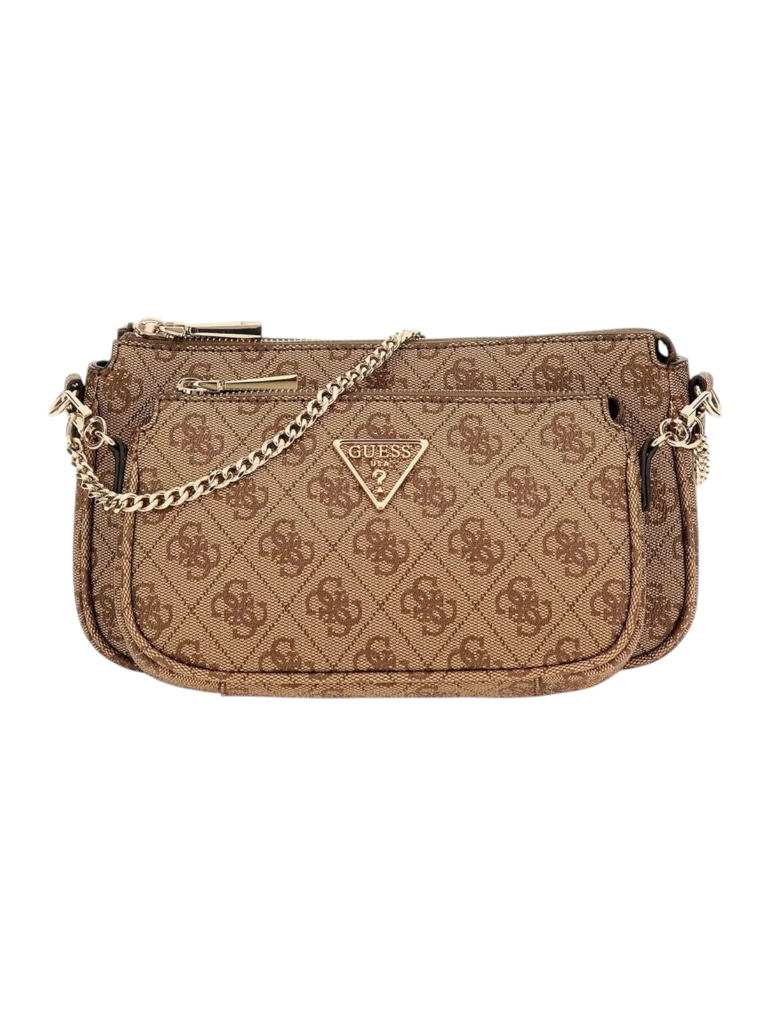 Brown handbag with chain detail and visible brand logo on a white background. Guess, Monza Outlet, Monza Fashion, Shein Outlet