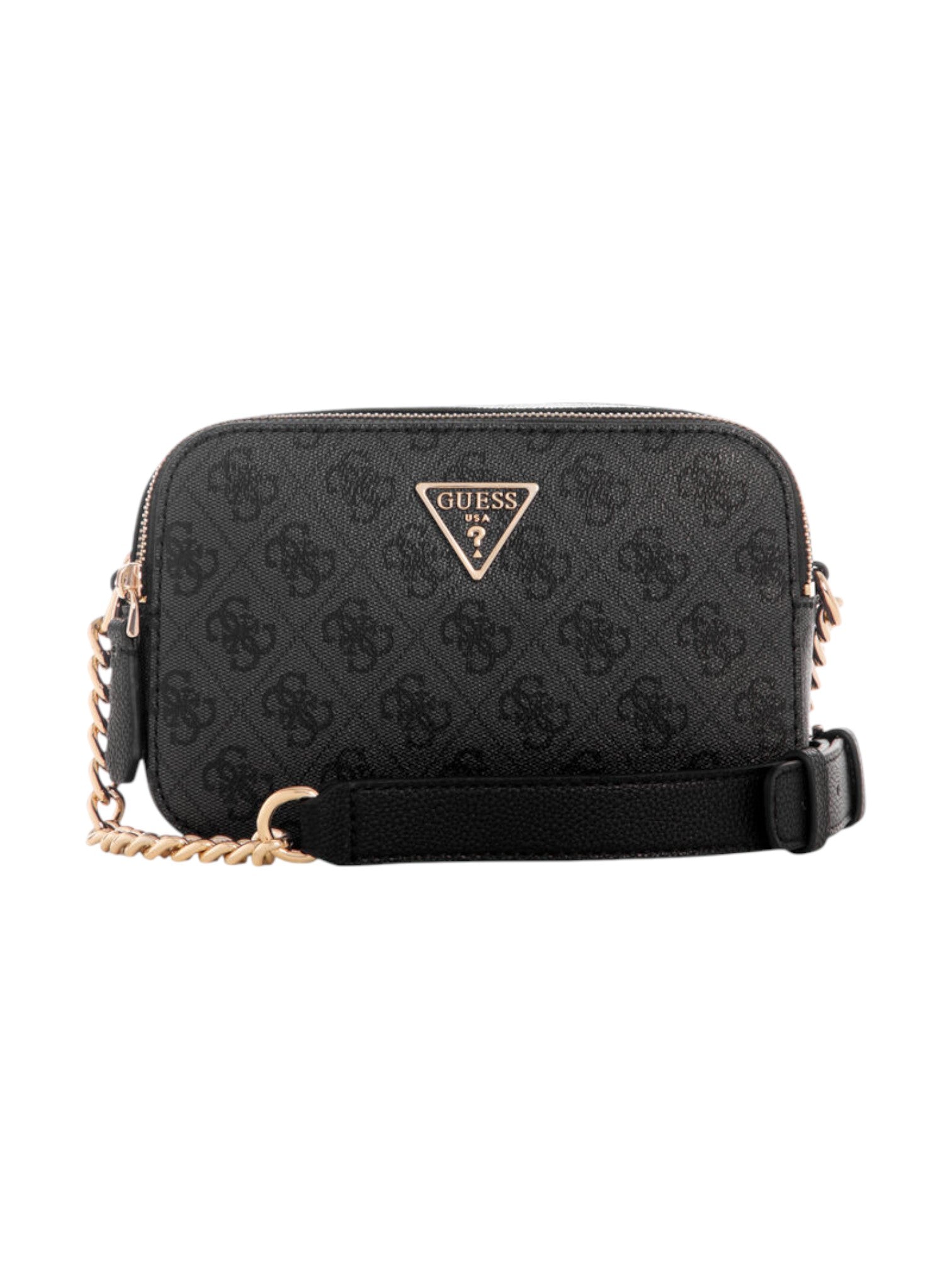 Black quilted handbag with gold chain strap on a white background. Guess, Monza Outlet, Monza Fashion, Shein Outlet