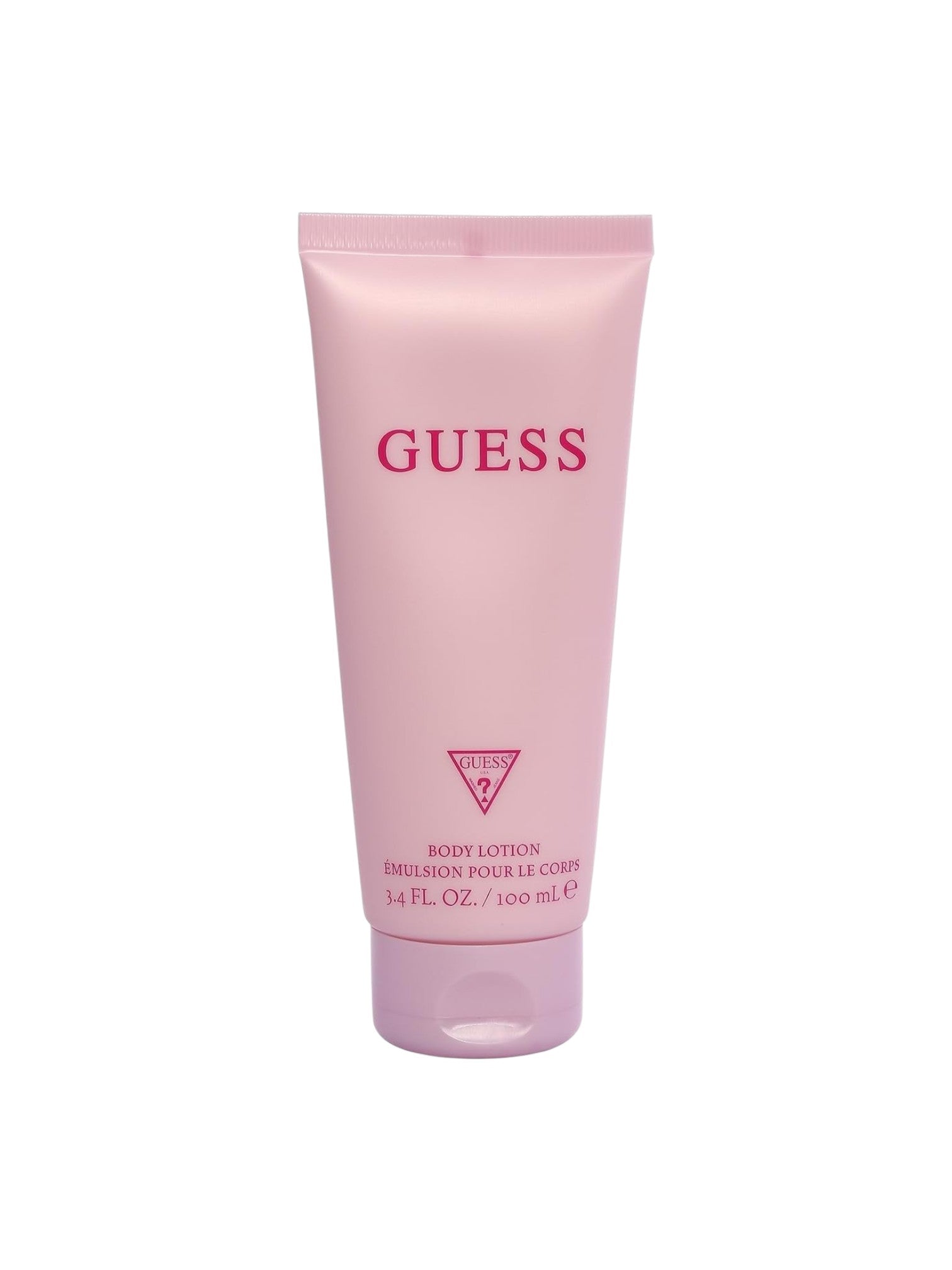 Pink tube of Guess body lotion on a white background. Guess, Monza Outlet, Monza Fashion, Shein Outlet