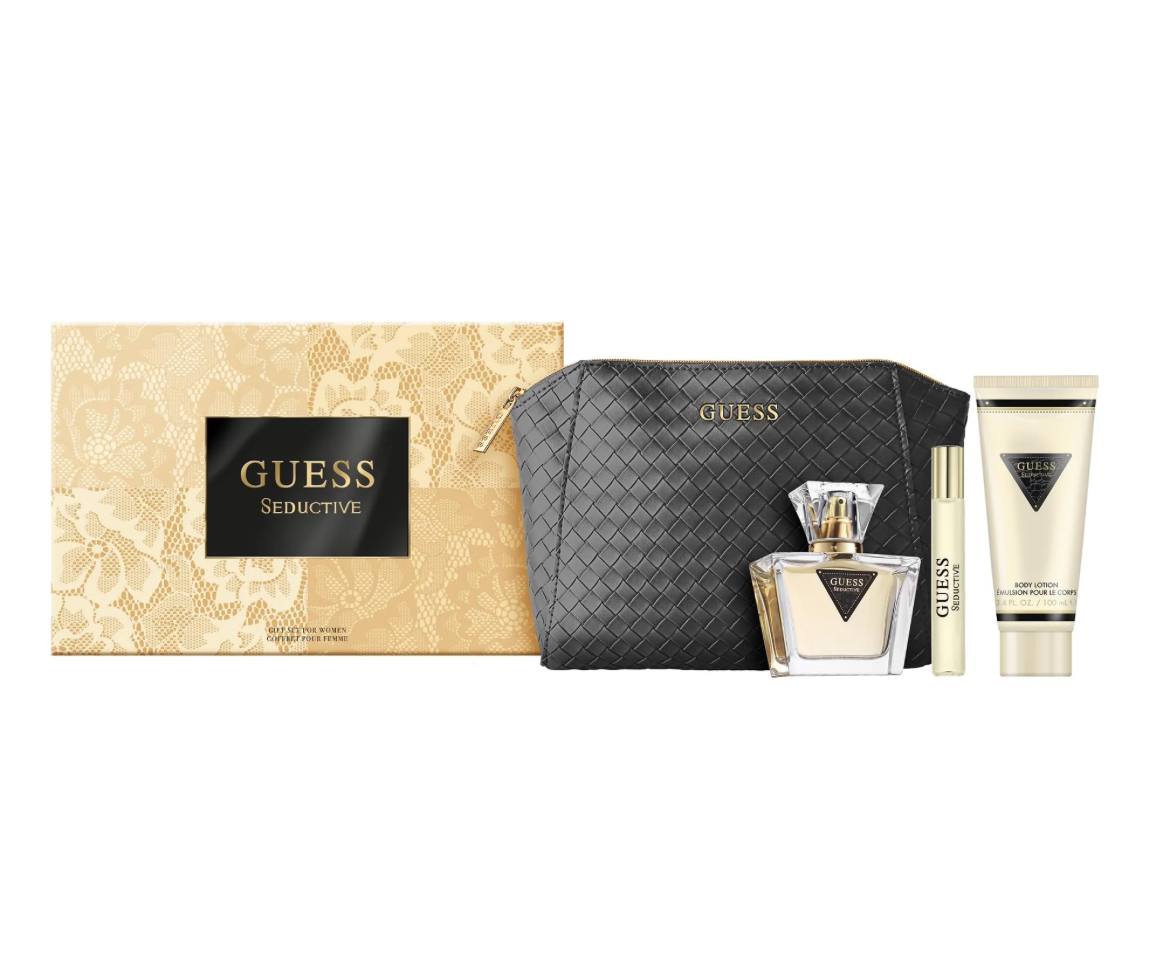 Guess perfume set with a box, bag, and bottles on a white background Guess Monza Outlet