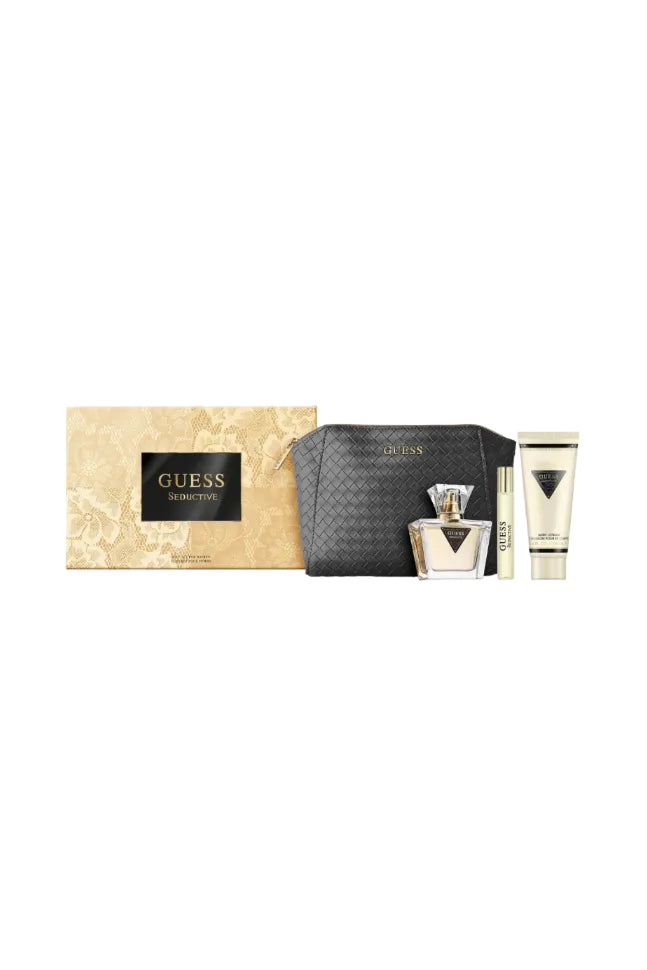 Guess perfume set with a box, bag, and bottles on a white background Guess Monza Outlet