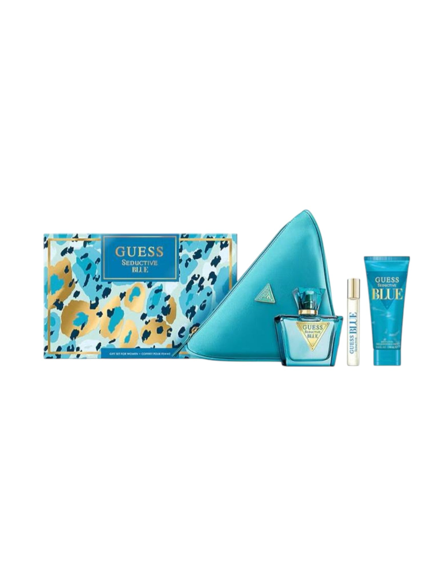Guess Blue perfume set with a blue bag on a white background. Guess, Monza Outlet, Monza Fashion, Shein Outlet