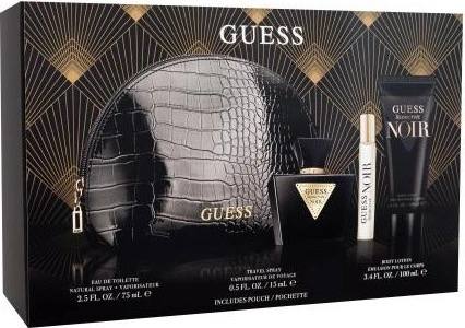 Guess perfume set with black crocodile-textured bag, bottle, and lotion on a gold geometric patterned background Guess Monza Outlet