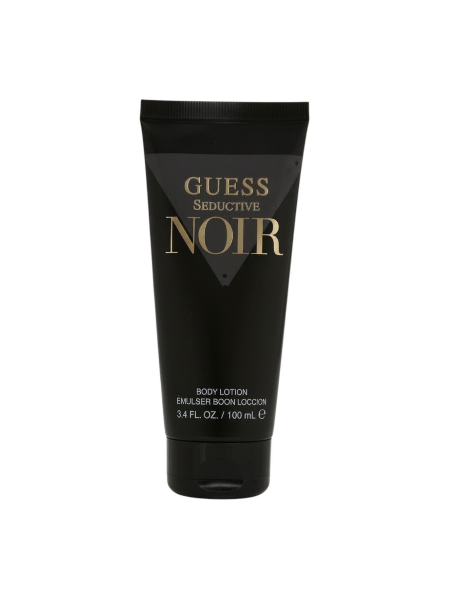 Black body lotion tube with 'Guess Seductive Noir' text on a white background. Guess, Monza Outlet, Monza Fashion, Shein Outlet
