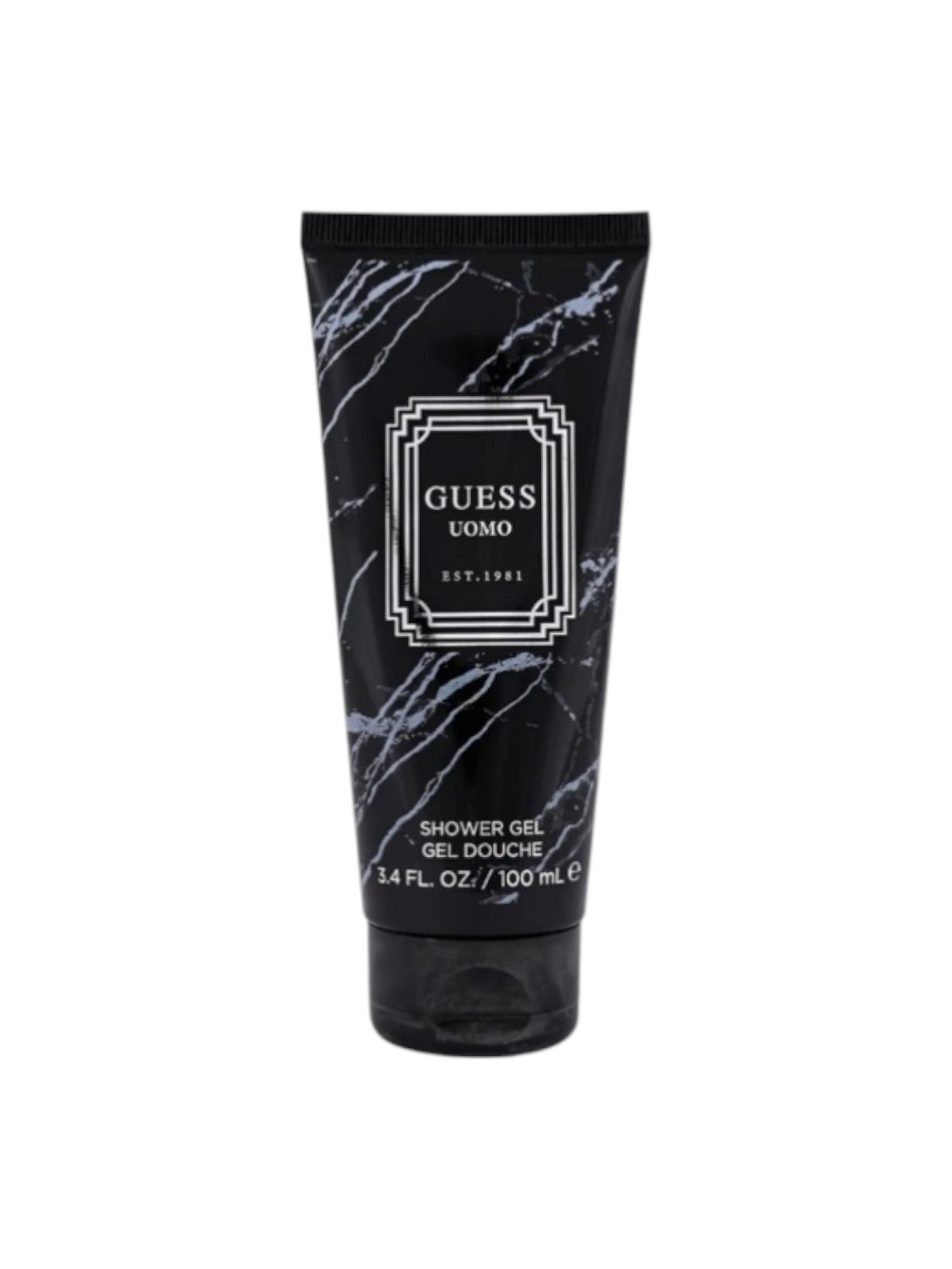 Guess Como shower gel tube with black and white marble pattern on a white background. Guess, Monza Outlet, Monza Fashion, Shein Outlet