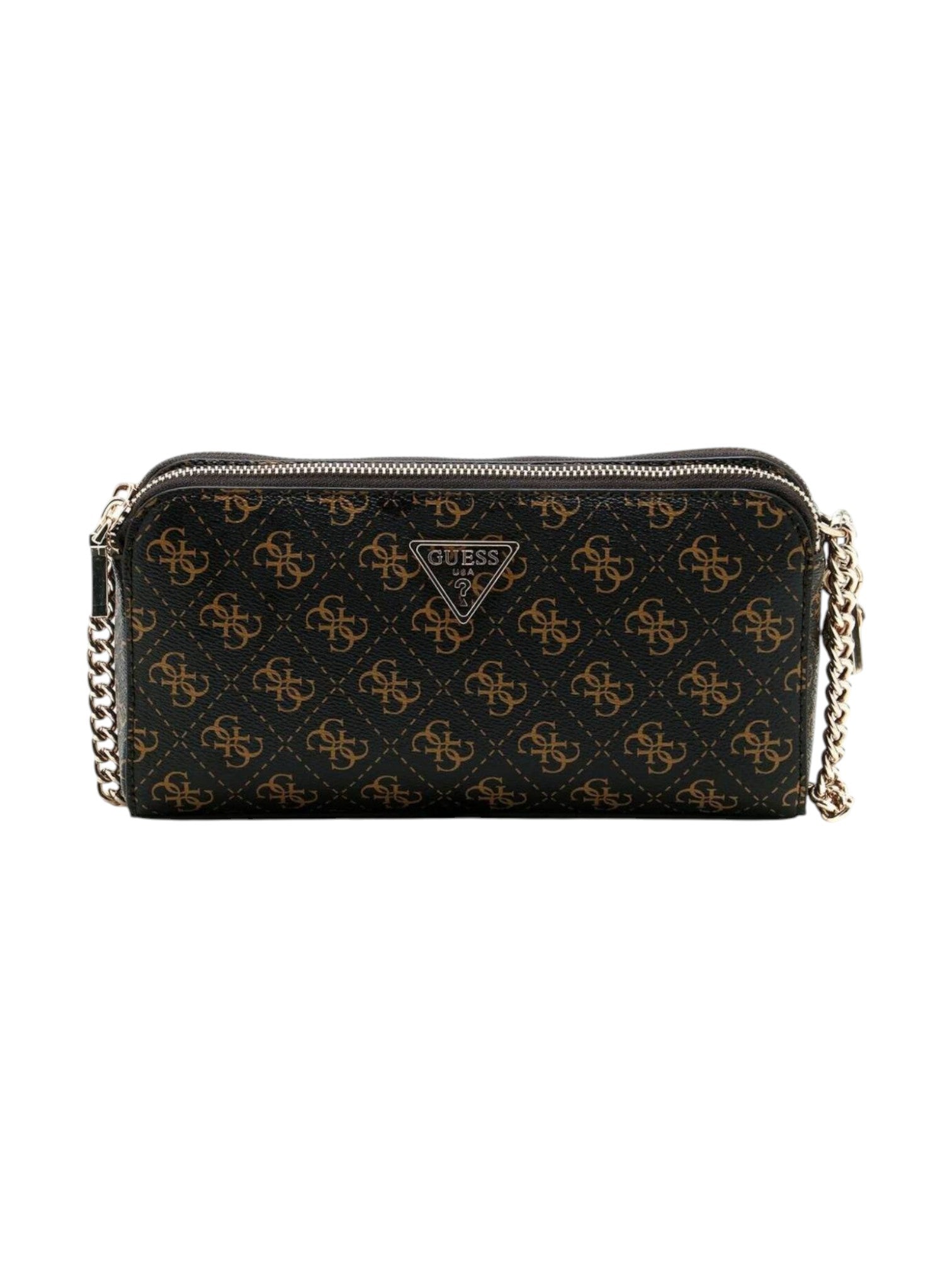 Black wallet with gold pattern and chain on a white background. Guess, Monza Outlet, Monza Fashion, Shein Outlet