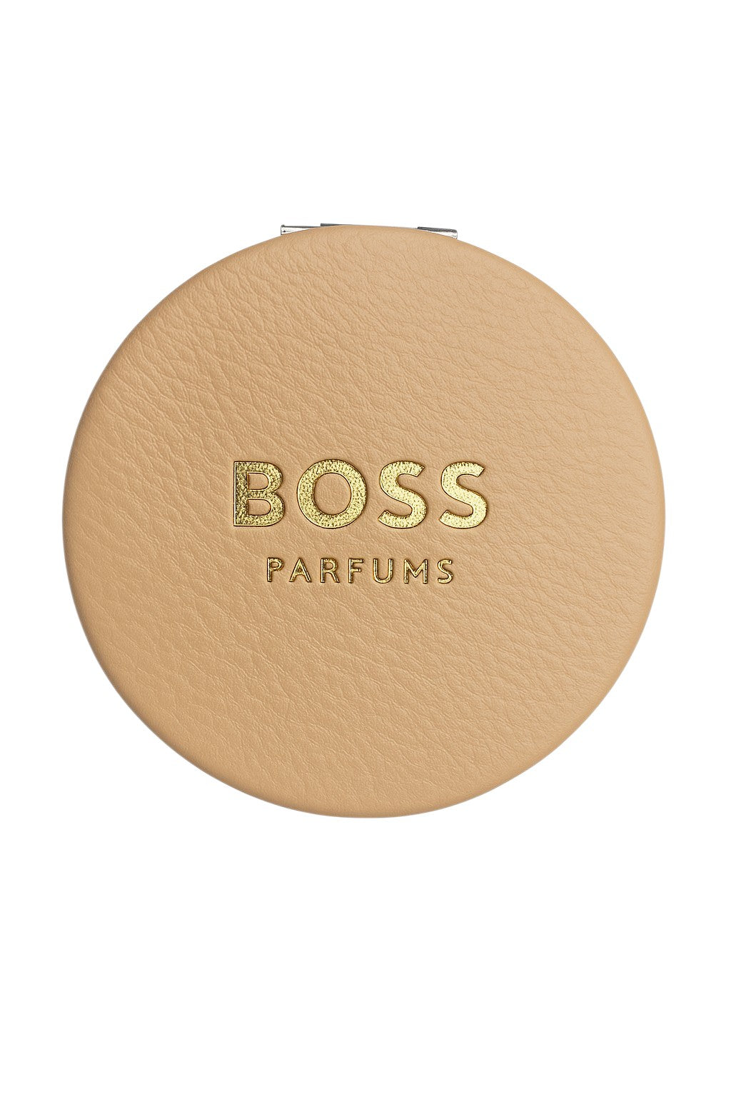 Round beige compact with BOSS Parfums branding on a white background Boss Parfums Monza Outlet