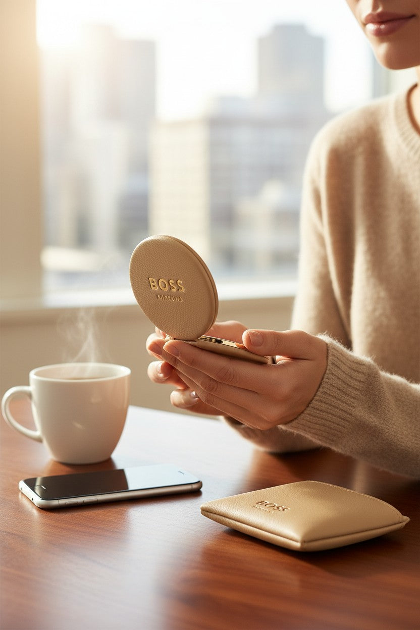Person holding a compact mirror with 'BOSS' branding, next to a cup of coffee and phone on a table. Hugo Boss, Monza Outlet, Monza Fashion, Shein Outlet
