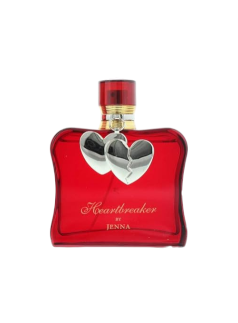 Red perfume bottle with silver hearts and 'Heartbreaker by Jenna' text on a white background monza outlet, Shein outlet, monza fashion