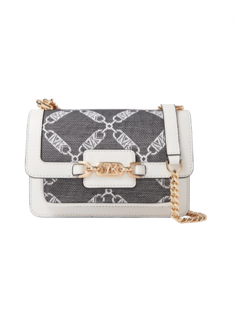 White handbag with gray patterned flap and gold chain strap on a white background monza outlet, Shein outlet, monza fashion