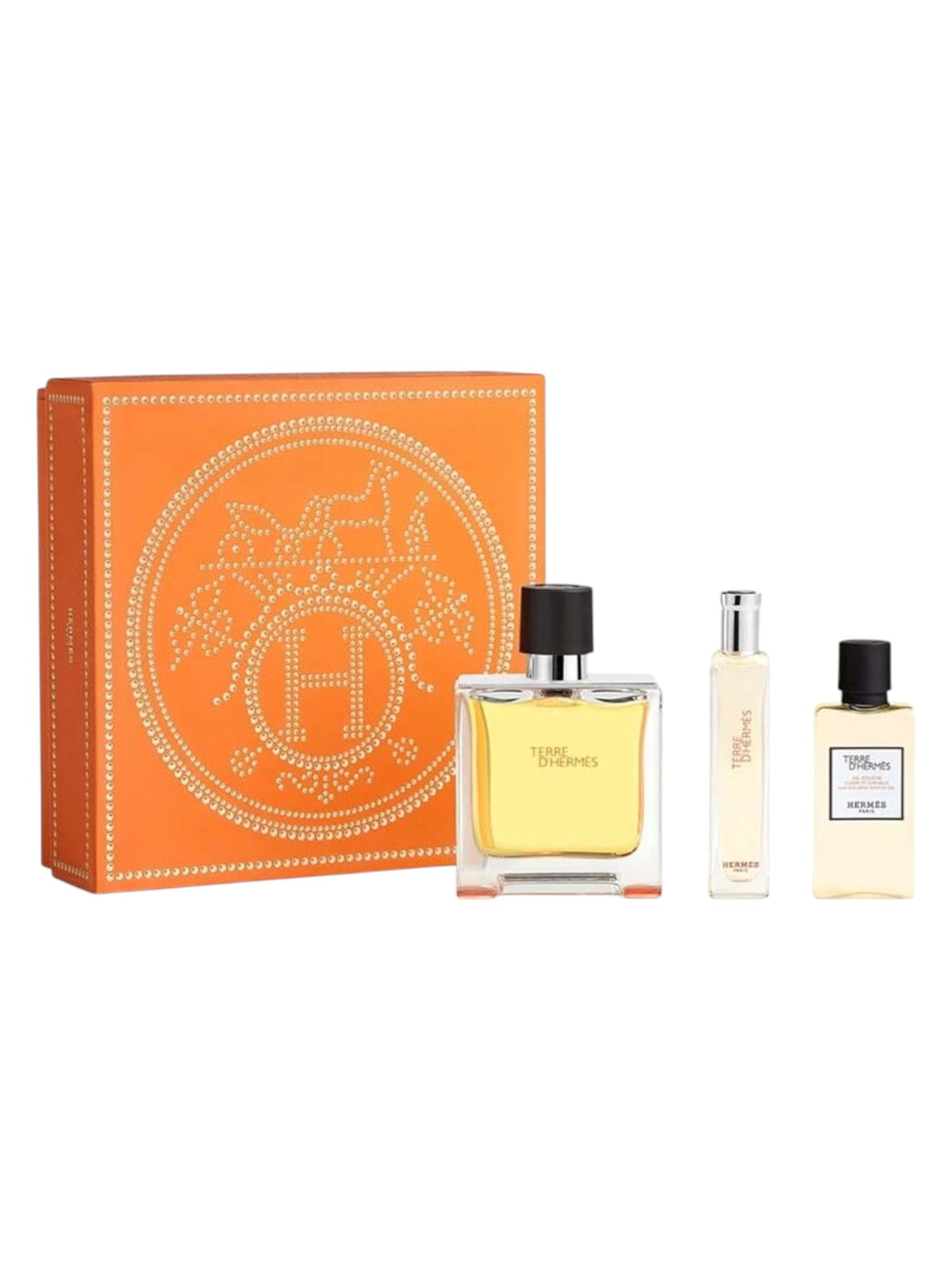 Perfume set with orange packaging featuring a logo, two bottles, and a smaller bottle on a white background. monza outlet, Shein outlet, monza fashion