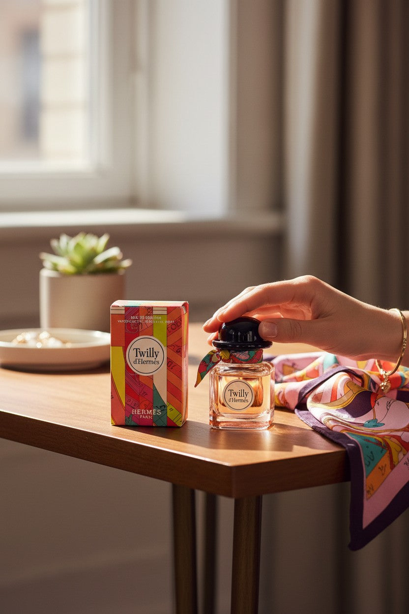 Person holding a perfume bottle next to a box on a wooden table with a blurred background. Hermes, Monza Outlet, Monza Fashion, Shein Outlet