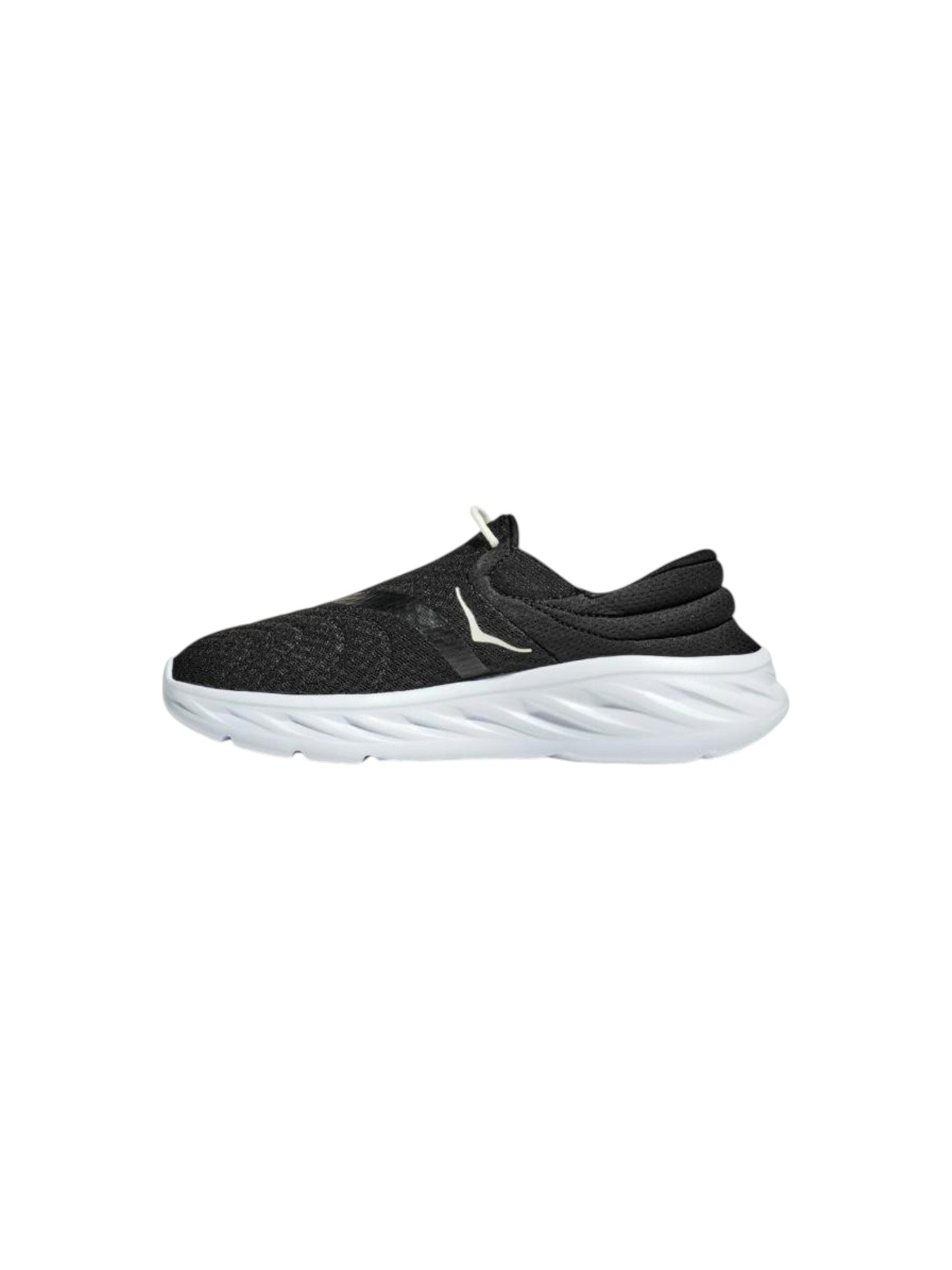 Black athletic shoe with a white sole on a white background. Hoka, Monza Outlet, Monza Fashion, Shein Outlet