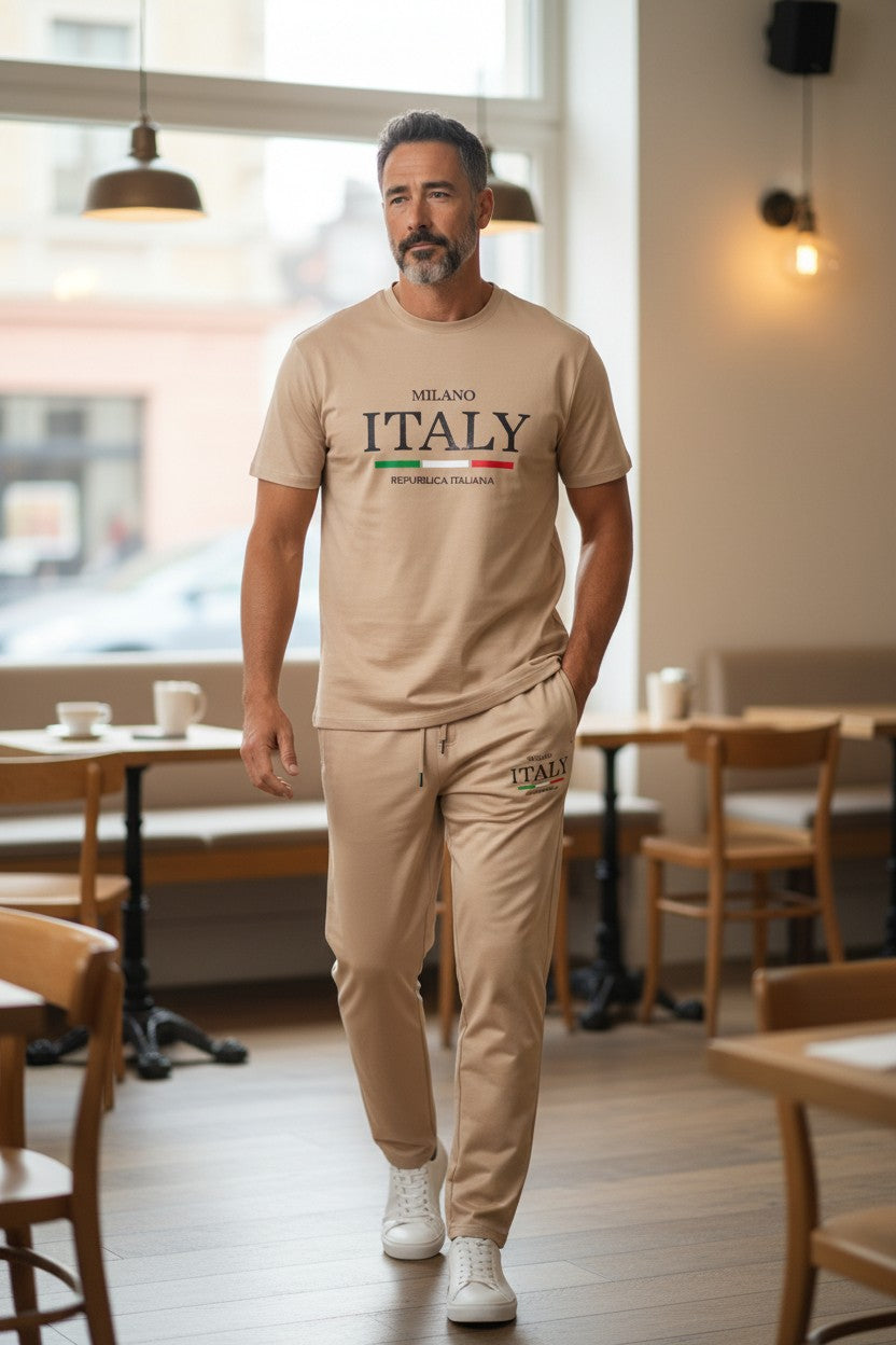 Italy Logo Design Light Beige T-Shirt & Pants Set