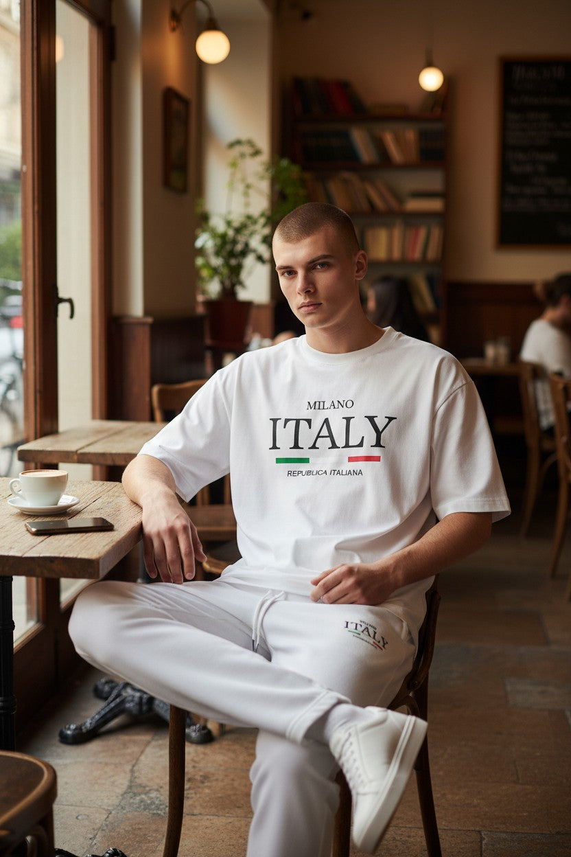 Man sitting in a cafe wearing a white t-shirt with Milano Italy text. Antler, Monza Outlet, Monza Fashion, Shein Outlet