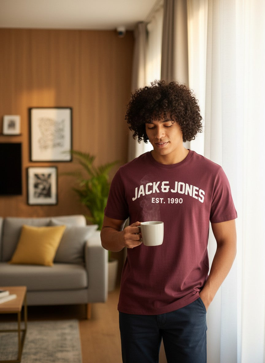Person wearing a Jack & Jones shirt holding a mug in a living room. Jack & Jones, Monza Outlet, Monza Fashion, Shein Outlet