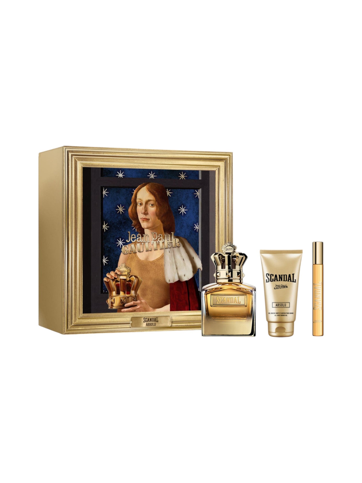 Perfume set with a portrait of a man holding a perfume bottle on a white background. Jean Paul Gaultier, Monza Outlet, Monza Fashion, Shein Outlet