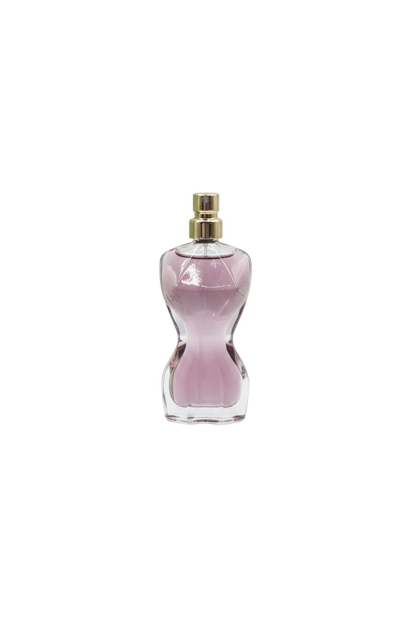 Pink perfume bottle with gold cap on a white background. Jean Paul Guiltier, Monza Outlet, Monza Fashion, Shein Outlet