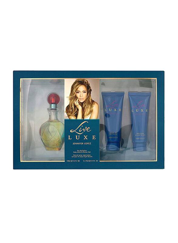 Jennifer Lopez Love Luxe perfume set packaging with a woman's face on a white background Monza Outlet