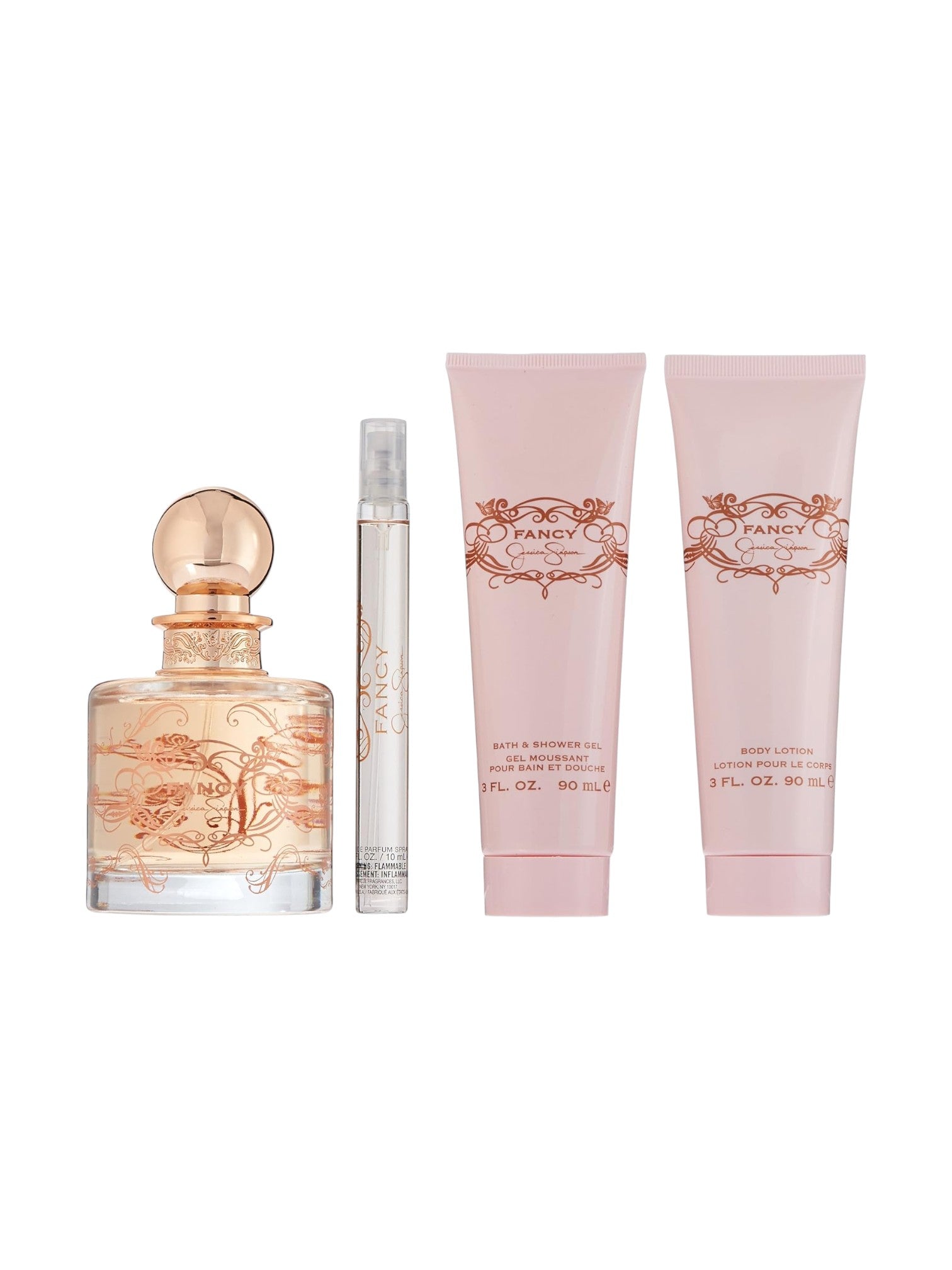 Fragrance set with a bottle, two travel-sized bottles, and two tube products on a white background. Jessica Simpson, Monza Outlet, Monza Fashion, Shein Outlet