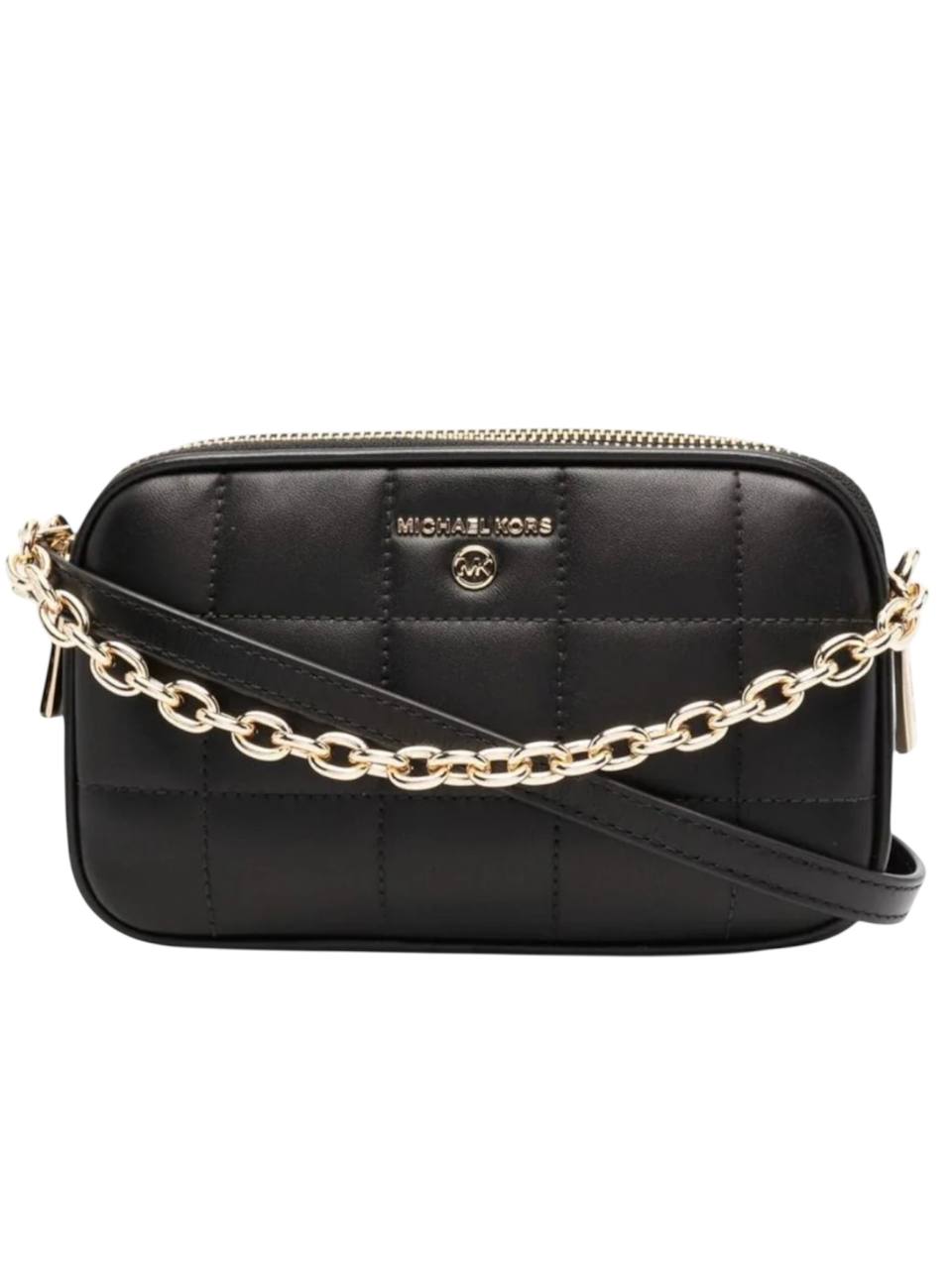 Black quilted handbag with gold chain strap on a white background, Michael Kors, Monza Outlet, Monza Fashion, Shein Outlet