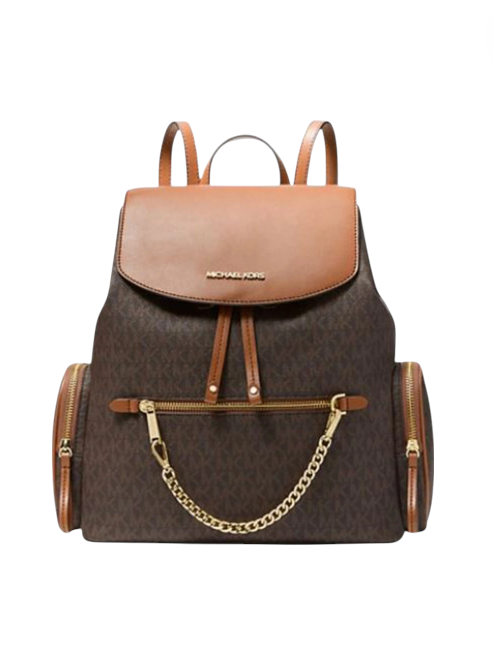 Brown and tan backpack with a chain detail on a white background, Michael Kors, Monza Outlet, Monza Fashion, Shein Outlet