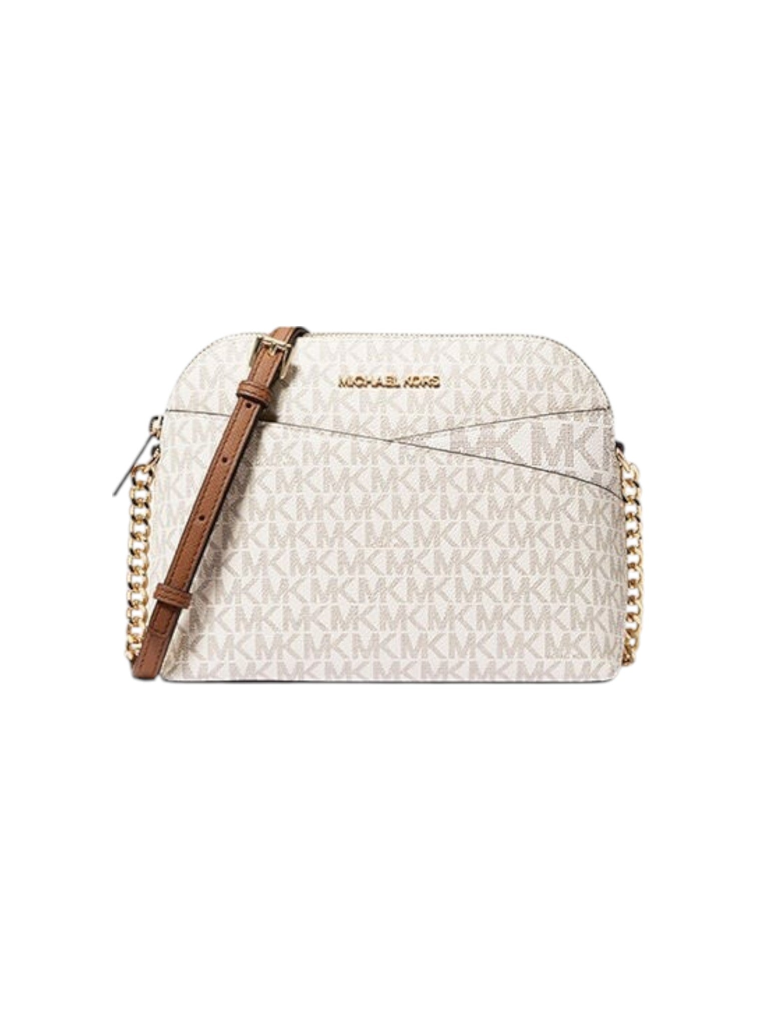 White patterned handbag with brown strap and chain detail on a white background Michael Kors Monza Outlet