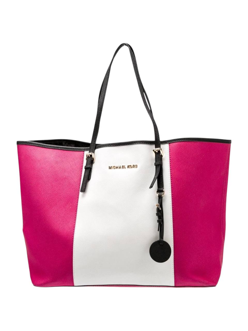 Pink and white tote bag with black accents on a white background monza outlet, Shein outlet, monza fashion