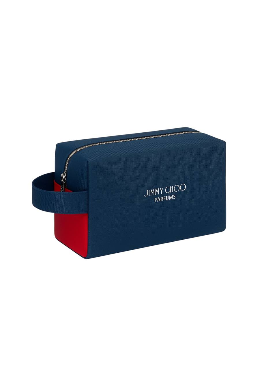 Blue and red cosmetic bag with Jimmy Choo Parfums branding on a white background Monza Outlet