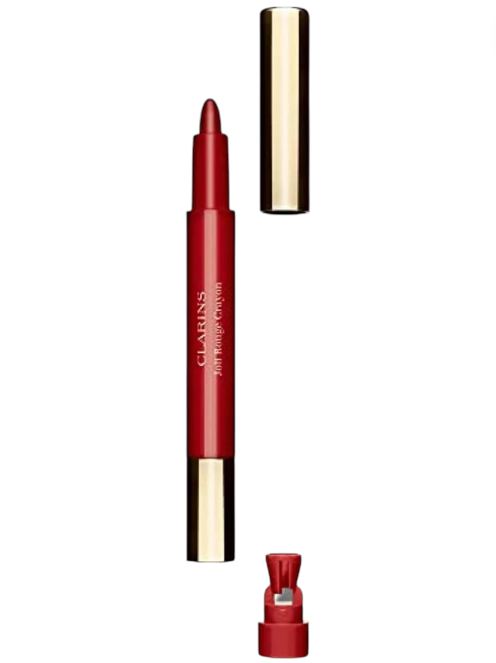 Red lip pencil with gold accents on a white background Clarins Monza Outlet, Monza Fashion, Shein Outlet